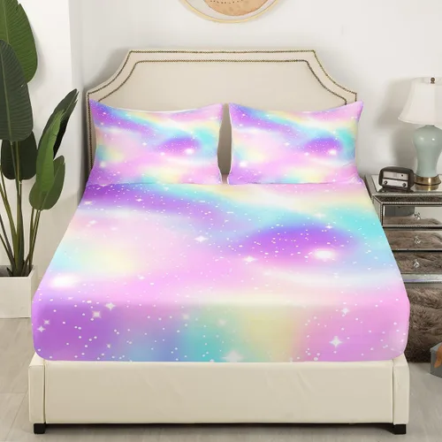 Miniatura 5 de Juego de sábana bajera ajustable de teñido anudado para niñas, juego de ropa de cama con diseño de arco iris degradado de arcoíris, lindo juego