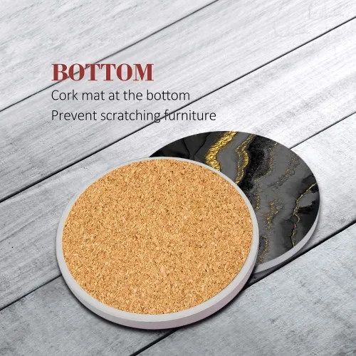 Miniatura 2 de Britimes Juego de 6 posavasos de mesa para bebidas, mármol negro, dorado, dorado natural, dorado, amarillo, café, redondo, absorbente, cerámica