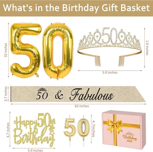 Miniatura 6 de Decoraciones de 50 cumpleaños para mujer en oro con banda y tiara de 50 cumpleaños, adorno para pastel y velas, globos numerados, regalos