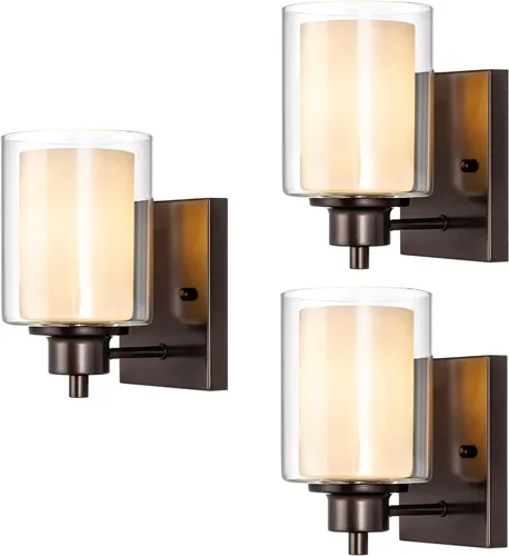 Miniatura 11 de Paquete de 2 Luminarias de Tocador de Baño de 1 Luz, Luz de Pared Negra para Interiores con Pantalla de Vidrio Dual, Aplique de Pared de Baño