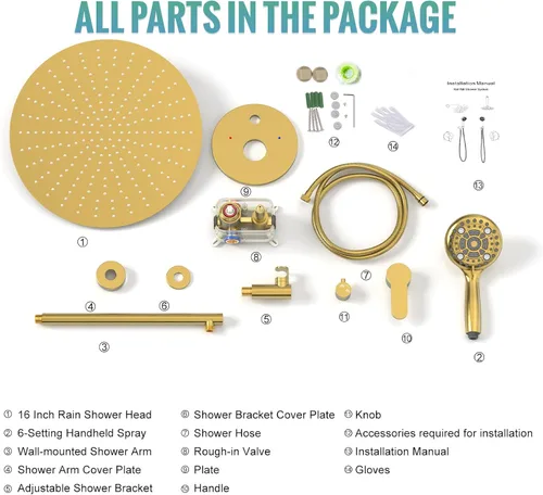 Miniatura 6 de SR SUN RISE Grifo de ducha – Sistema de cabezal de ducha multifuncional de alta presión de 16 pulgadas con accesorios de cabezal de ducha de mano