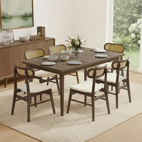 Miniatura 17 de KISLOT Rattan Dining Chairs Set of 4, Upholstered Modern Dining Room Chairs, Mid Century Oak Wood Kitchen Chairs with Rattan Backrest for Farmhouse
