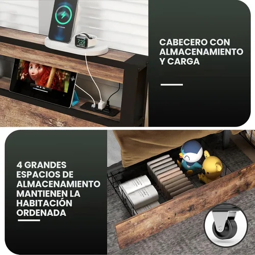 Miniatura 4 de Base de cama tamaño Queen con 4 cajones de almacenamiento y cabecero con estación de carga y luces LED, 2 niveles de almacenamiento de cabecera