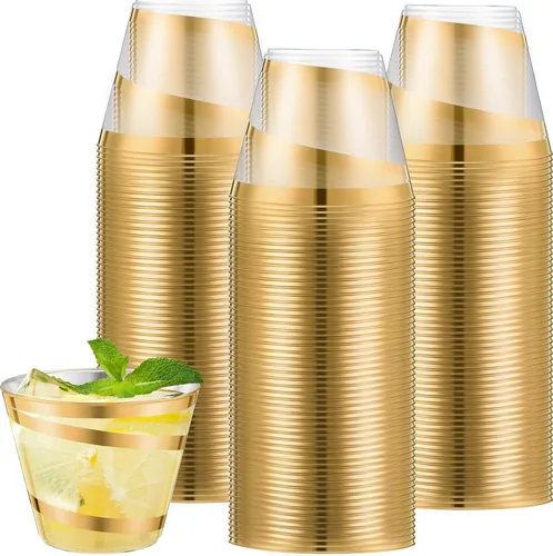 Miniatura 12 de Gejoy Tazas de plástico con borde en espiral de 9 onzas desechables, tazas de vino de plástico elegantes y transparentes, elegantes jarras de Oro