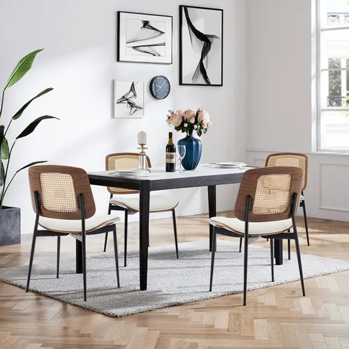 Miniatura 21 de LUNLING Sillas de comedor modernas de mediados de siglo, silla retro beige de piel sintética con asiento tapizado de madera curvada de nogal, patas
