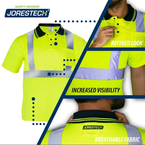 Miniatura 2 de JORESTECH Polo de alta visibilidad, ANSI clase 2, ropa de trabajo de seguridad, tela Birdseye con cinta reflectante Amarillo