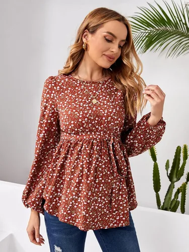 Miniatura 3 de MakeMeChic Camisa de maternidad para mujer, diseño floral, manga larga, con cinturón, peplum