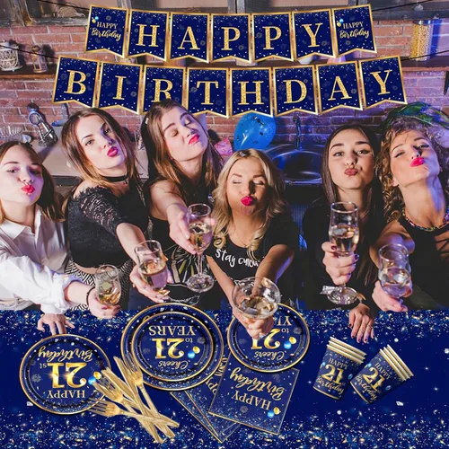 Miniatura 5 de Decoración de cumpleaños número 21 para hombre, juego de vajilla de cumpleaños azul marino y dorado de 142 piezas (reserva para 20), incluye