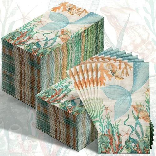 Miniatura 11 de Jetec 100 servilletas de papel de playa costeras para baño, desechables, para invitados, náutico, océano, mar, azul, estrella de mar, toallas