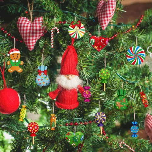 Miniatura 6 de Soaoo 100 Piezas Adornos Colgantes de Caramelo de Menta de Navidad Adornos de Madera para Árbol de Navidad Conjunto Piruleta Pan de Jengibre Bastón