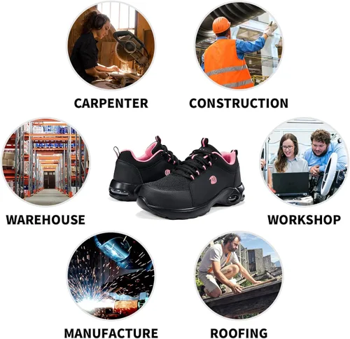 Miniatura 7 de Delobi Zapatos de punta de acero para mujer, zapatos de trabajo de seguridad, antideslizantes, cómodos, ligeros, con amortiguación de aire, zapatos