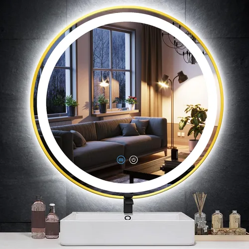 Miniatura 10 de Espejo de tocador redondo dorado con luces, luz frontal regulable de 3 colores, marco dorado de 16 pulgadas, espejo redondo iluminado para baño