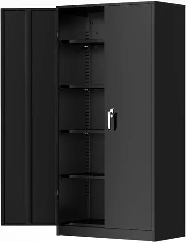 Greenvelly Armarios de almacenamiento de metal de 72 pulgadas, gabinete de almacenamiento de acero negro para garaje con puertas y estantes,