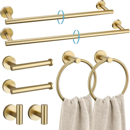 TURS Juego de 8 piezas de accesorios de baño cepillados en oro, juego de barras de toalla de baño de 24 pulgadas y 20 pulgadas de acero inoxidable