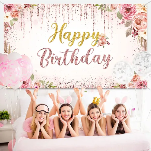 Miniatura 6 de Decoraciones de fondo de feliz cumpleaños para mujeres, suministros de fiesta, telón de fondo rosa, fotografía para niñas y niños, pancarta floral