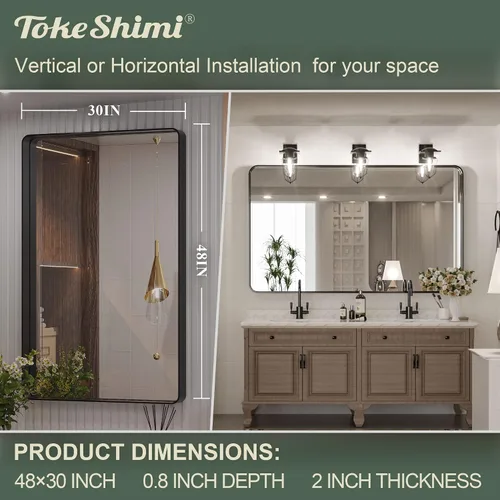 Miniatura 8 de TokeShimi - Espejo de pared de 48 x 30 pulgadas con marco negro para baño, espejo de tocador con marco de aluminio de aleación metálica, esquinas