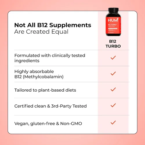 Miniatura 6 de HUM Turbo B12, suplemento de vitamina B12, apoyo energético diario, calcio para la salud ósea, suplementos energéticos de vitamina B-12, sin gluten