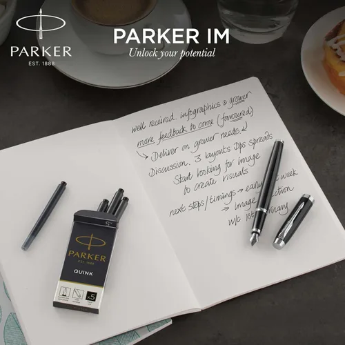 Miniatura 5 de Parker IM - Bolígrafo estilográfico, laca negra con borde dorado, punta fina, repuesto de tinta azul, elegante caja de regalo