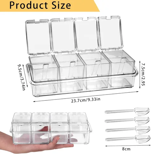Miniatura 2 de Caja de condimentos transparente, 4 piezas de recipientes para especias con tapa y cuchara, recipientes de acrílico para condimentos con tapa