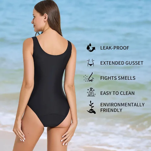 Miniatura 3 de feitycom Traje de baño menstrual negro de una pieza a prueba de fugas para adolescentes, niñas y mujeres