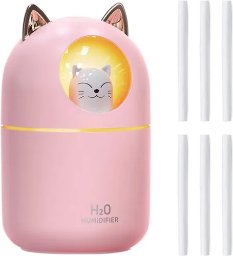 Lindo humidificador portátil de niebla fría rosa con 6 varillas de algodón de filtro, luz nocturna de 7 colores, USB, para dormitorio, oficina,
