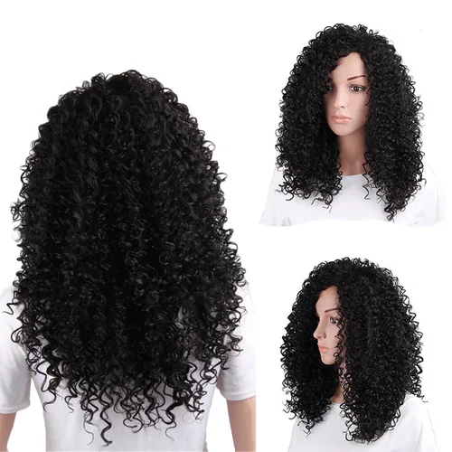 Andongnywell - Pelucas largas rizadas africanas para mujeres negras, peluca de densidad de color natural, postizo resistente al calor (negro, talla