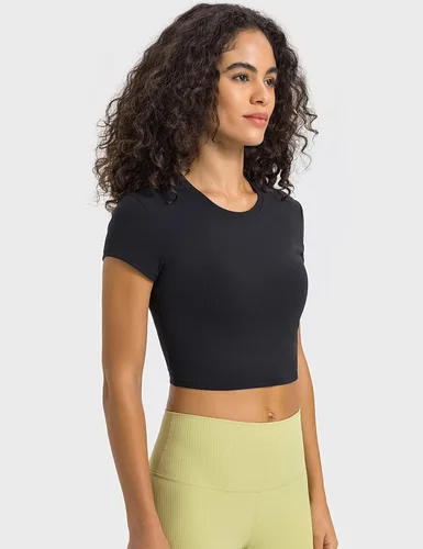 Miniatura 4 de ZHENWEI Camisetas de entrenamiento de manga corta para mujer, camisetas deportivas acanaladas con cuello redondo, camisetas atléticas para gimnasio
