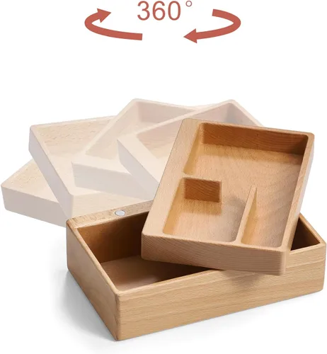 Miniatura 3 de Caja de bandeja de valet, caja de almacenamiento de madera de haya con rotación magnética, organizador de suministros diarios para escritorio
