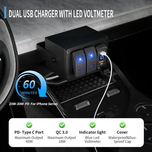 Miniatura 3 de Joinfworld Caja de Interruptor Basculante de 2 Posiciones Impermeable 12V Panel de Interruptor de Barra de Luz LED SPST ON/OFF con Doble Toma USB PD