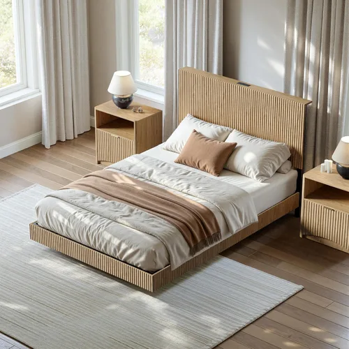 Miniatura 6 de Evermagin Base de cama flotante de tamaño matrimonial con cabecero, cama de plataforma acanalada bohemia con luces LED, marco de cama flotante