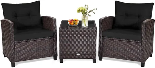 Miniatura 20 de HAPPYGRILL Juego de conversación para patio de 3 piezas, juego de muebles de exterior de sofá de ratán PE con cojines removibles, sillas de mimbre