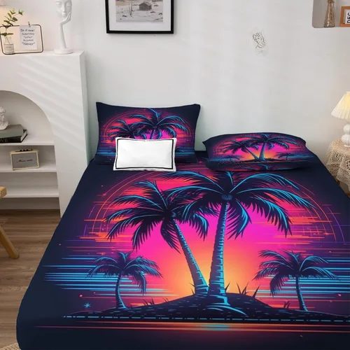 Miniatura 2 de Juego de sábanas de 3 piezas con diseño de palmera de neón con plantas tropicales, sábanas y fundas de almohada estampadas, sábana bajera ajustable