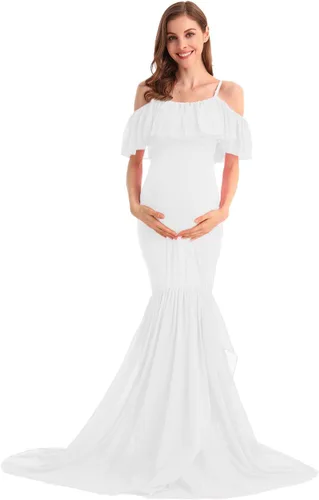 Miniatura 38 de MYRISAM Vestido de maternidad con volantes y hombros descubiertos para mujer, vestido de fiesta de sirena de gasa, vestido ajustado