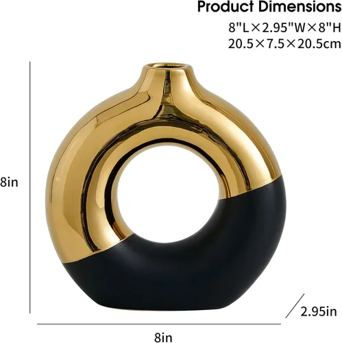 Miniatura 4 de FJS Jarrón redondo de cerámica en forma de rosquilla, 8 pulgadas de largo x 8 pulgadas de alto, color negro y dorado, para hierba de las pampas