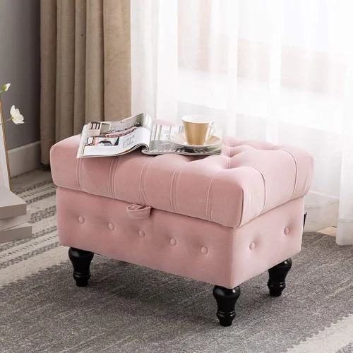 Miniatura 15 de Mesa de Centro Otomana de Almacenamiento Rectangular, Reposapiés Otomana de Dormitorio con Tapicería de Terciopelo Abotonado Capitoné para Sala