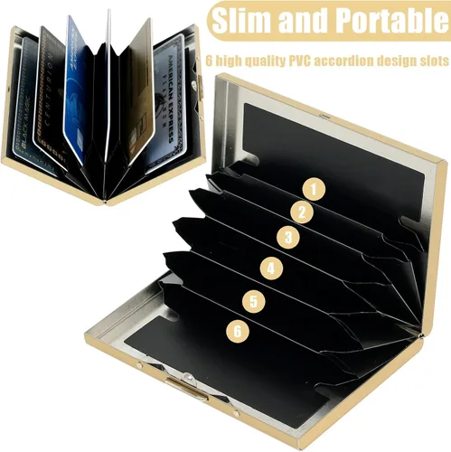 Miniatura 63 de BONSYL® Soporte para tarjetas de crédito, cartera delgada de metal con bloqueo RFID, con 6 ranuras para tarjetas, para mujeres y hombres.