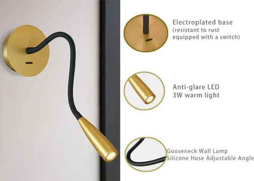 Miniatura 3 de Manguera de cuello de cisne flexible LED para pared, luz de lectura enfocada para dormitorio, lámpara de pared ajustable para cabecero de noche