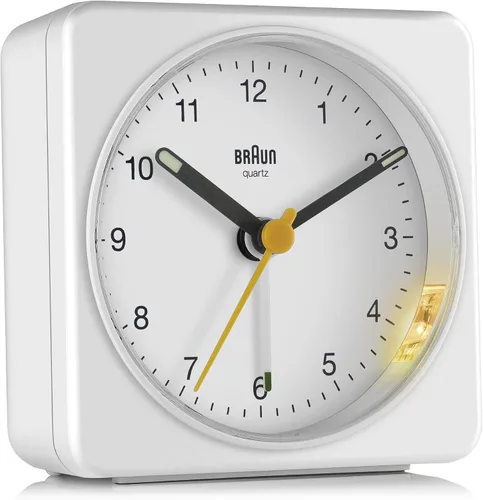 Miniatura 9 de Braun Reloj despertador analógico clásico con repetición y luz, movimiento de barrido de cuarzo silencioso, alarma de pitido Crescendo en blanco
