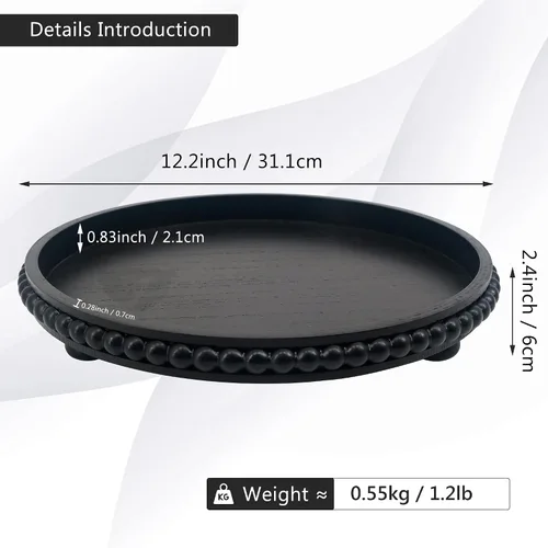 Miniatura 2 de FramePro Bandeja Decorativa Redonda de 12 pulgadas con Cuentas de Madera - Elevadores de Bandeja de Servir Negros para Sala de Estar, Mesa de Café