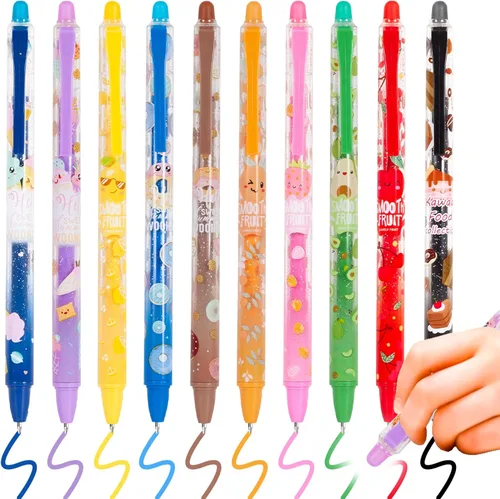 Bolígrafos de gel borrables, 10 colores retráctiles de dibujos animados borrables, punta fina de 0.020 in, hacen desaparecer los errores, tintas de
