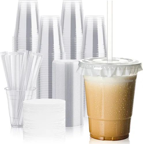 Miniatura 10 de JOLLY CHEF Paquete de 100 vasos de plástico transparente de 12 onzas con tapas y pajitas, tazas desechables para café helado con tapas para batidos