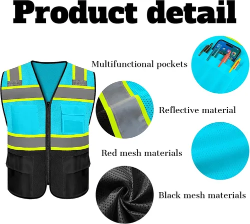 Miniatura 2 de Chaleco de seguridad reflectante de alta visibilidad con 5 bolsillos y cremallera clase 2 para adultos, unisex, ropa de trabajo de seguridad