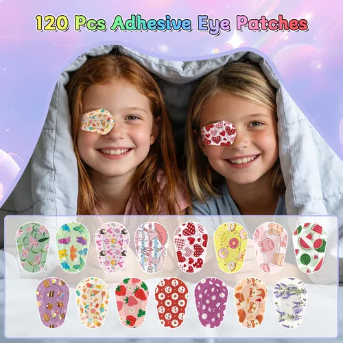 Miniatura 6 de 120 parches adhesivos para los ojos para niños y niñas, algodón suave transpirable a granel, con bonitos diseños de patrones, 15 estilos con 8