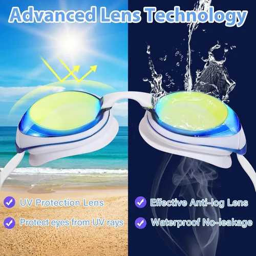 Miniatura 5 de Water Space Paquete de 2 gafas de natación con 3 piezas de nariz para niños jóvenes de 6 a 16 años, lentes espejadas, protección UV, antivaho y sin