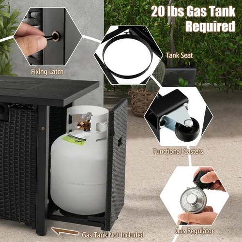 Miniatura 8 de Tangkula Mesa para fogata de propano para patio, fogata de gas de mimbre de 52 pulgadas con protector contra el viento y estante extendido, salida