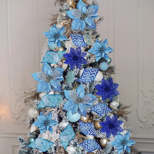 Miniatura 6 de Winlyn Púas de flores de Pascua de Navidad de 3 estilos, adornos para árbol de Navidad y 12 yardas, cinta decorativa con alambre para árbol de Azul