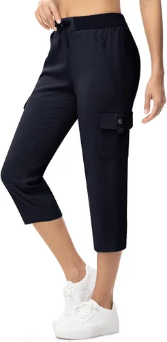 Miniatura 4 de TBMPOY Pantalones capri ligeros de secado rápido para mujer, con bolsillos tipo cargo, resistentes al agua, pantalones de viaje casuales al aire