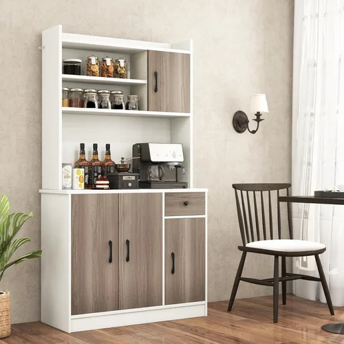 Miniatura 7 de COSTWAY Armario de almacenamiento de despensa de cocina, gabinete alto independiente de 71 pulgadas con estación de carga, soporte para microondas