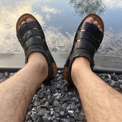 Miniatura 7 de VOCECO - Sandalias de cuero para hombre con puntera abierta, ajustables, ligeras, para playa y verano
