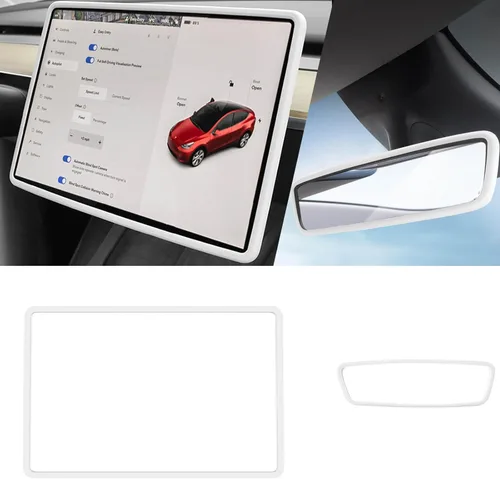 2 piezas marcos protectores de silicona para pantalla y espejo retrovisor para Tesla Model 3 2017-2023 y Model Y 2019-Feb.2025. (Blanco)